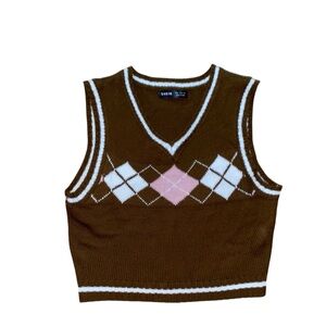 SHEIN Brown Knit Vest with White Trim